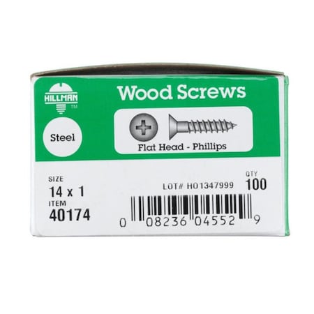 Hillman Wood Screw, #14, 1 inch, Zinc Plated Steel Flat Head Phillips Drive 77067